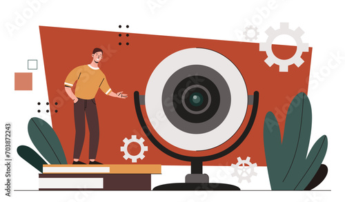 Man with webcam concept. Young guy with camera. Character with security system. Protection of private property. Popular blogger, streamer on internet. Cartoon flat vector illustration