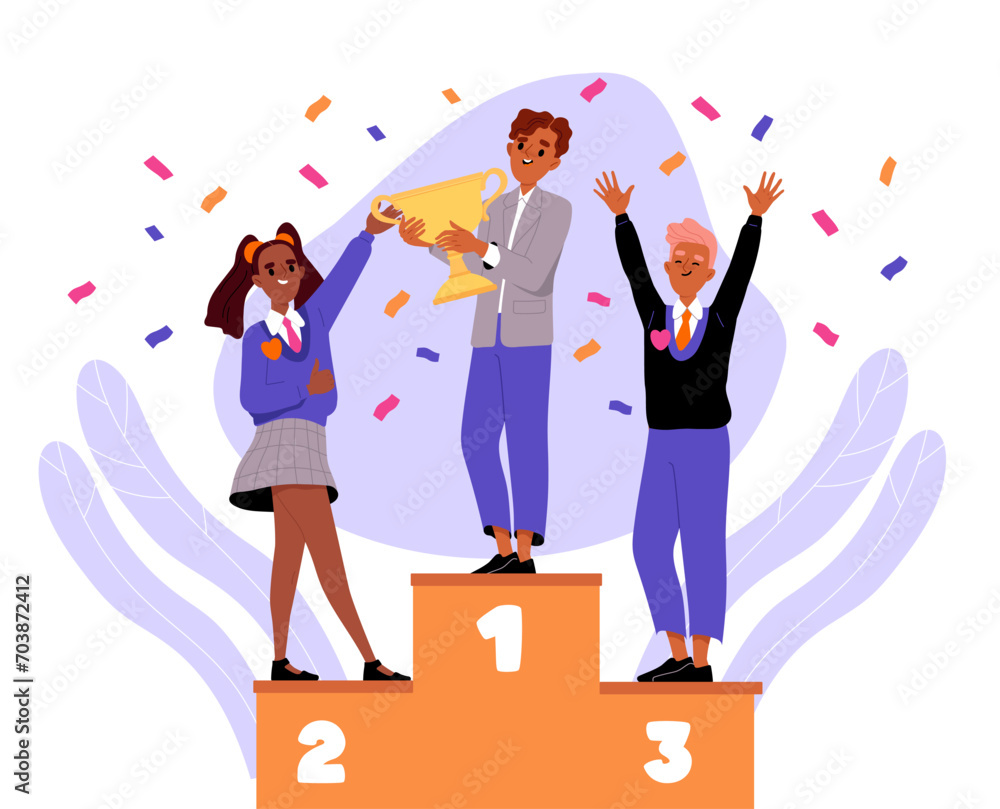 Winner of competition concept. Men and woman with golden cup at ...