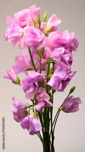A vase filled with pink flowers on top of a table. Pink colored sweet pea flowers  spring flower