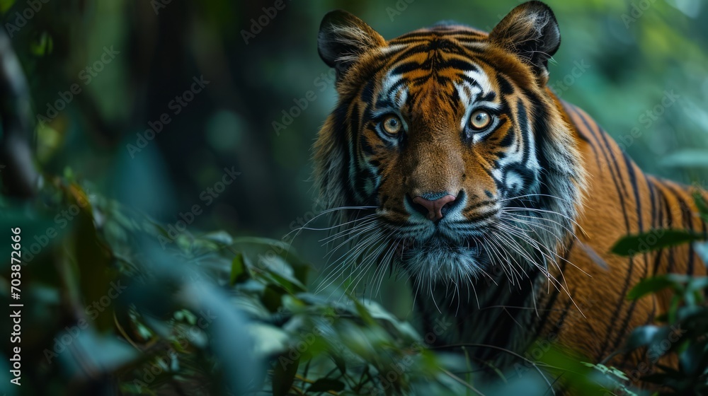 Intense Tiger Staring from Lush Jungle Undergrowth Intense Tiger Staring from Lush Jungle Undergrowth
