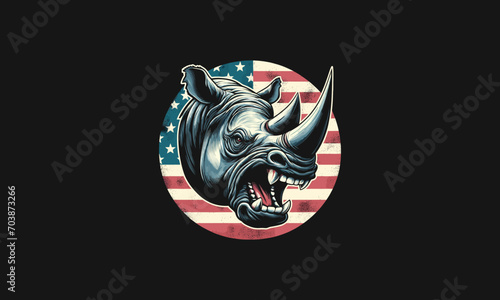 head rhino with flag american vector mascot design