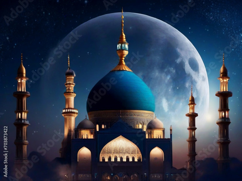 A Magnificent Arabic Mosque Illuminated by Moonlight during full moon on the starry sky ramadan kareem background