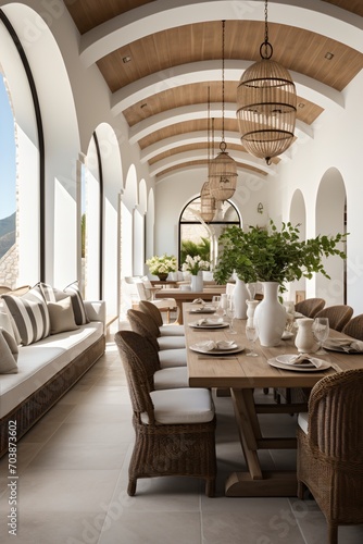 Elegant Mediterranean style home terrace with dining table
