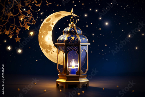 Islamic golden lantern stands burning candle light and arab ornament with shining crescent moon ramadan background