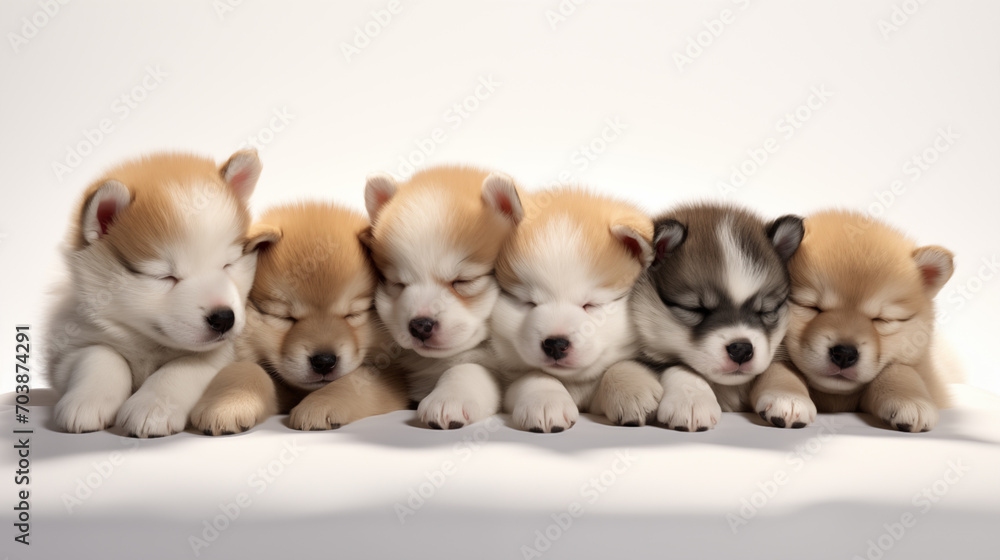 Six sleeping puppies in white background Six sleeping puppies in white background