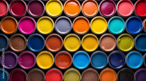 Assorted Paint Cans Top View with Vibrant Colors