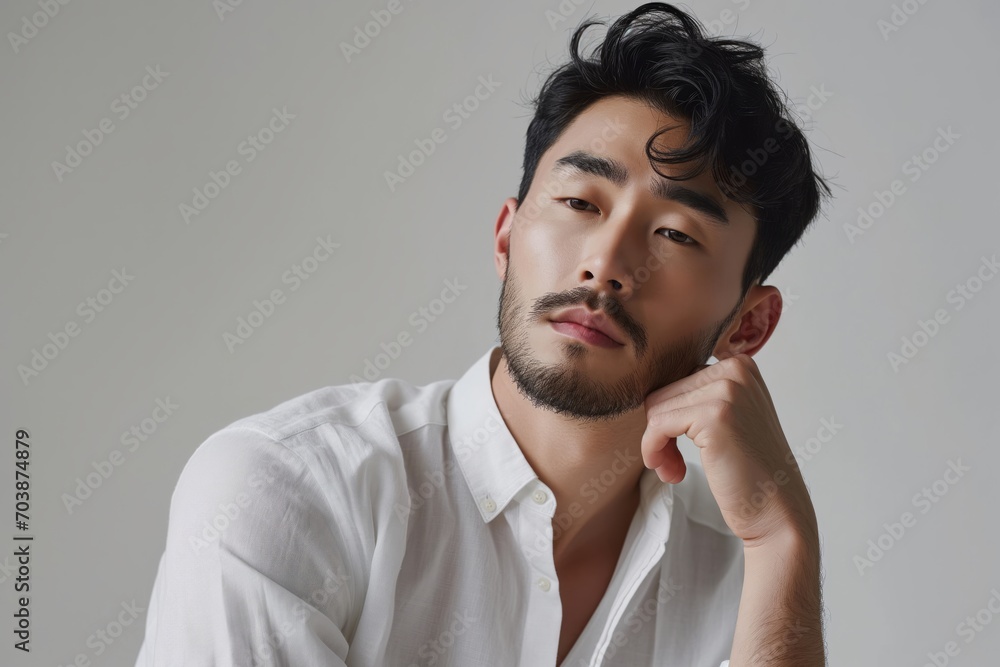 Portrait of young hadsome serious bearded Korean man on the grey background with space for text Portrait of young hadsome serious bearded Korean man on the grey background with space for text