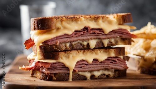 A New York-style Reuben with layers of corned beef, Swiss cheese, sauerkraut