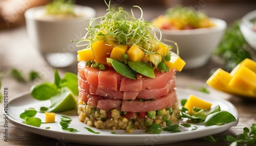 A sophisticated stack of spicy tuna tartare, layered with avocado and mango. The bright colors