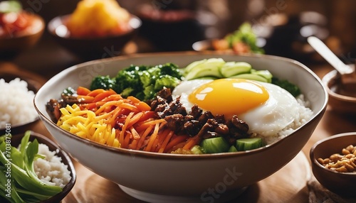 A vibrant bowl of bibimbap, with a rainbow of sautÃ©ed and raw vegetables atop steaming white rice