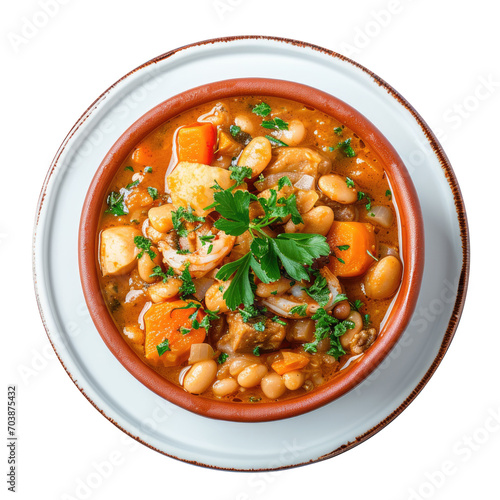 Traditional Portuguese feijoada stew of white bean squid and vegetables. Top view. Transparent background.