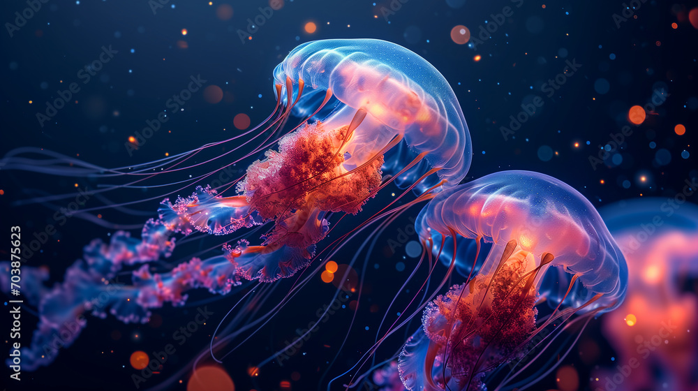 A group of neon blue jellyfish with elongated tentacles in the ocean. A group of neon blue jellyfish with elongated tentacles in the ocean.