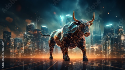 Illuminated Geometric Bull Statue in a Futuristic Cityscape