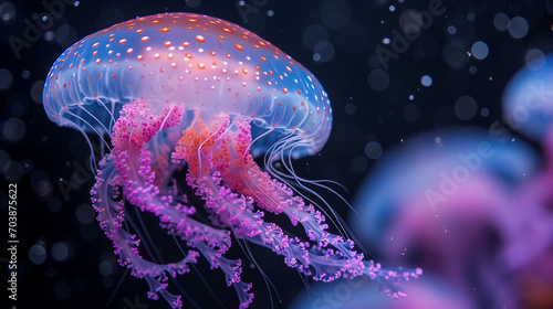 A pink jellyfish with vibrant tentacles floating in a dark sea © sahar
