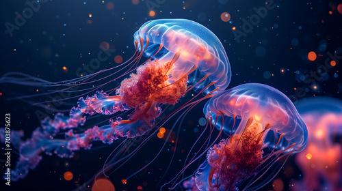 A group of neon blue jellyfish with elongated tentacles in the ocean.