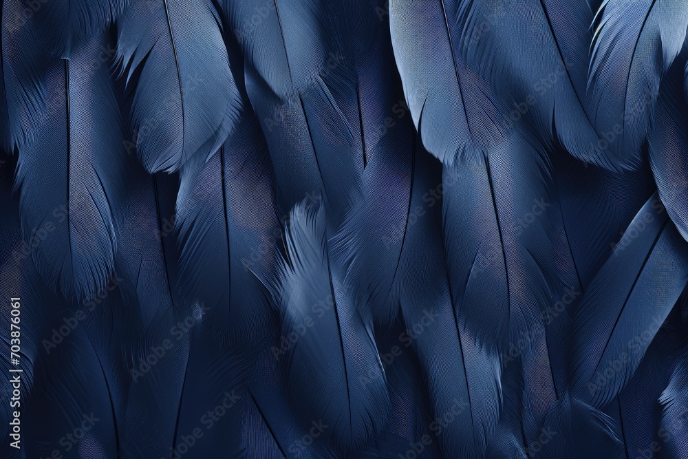 Obraz premium Beautiful feathers background in dark blue and black colors. Closeup image of colorful fluffy feather. Natural pattern. Minimal abstract composition with copy space