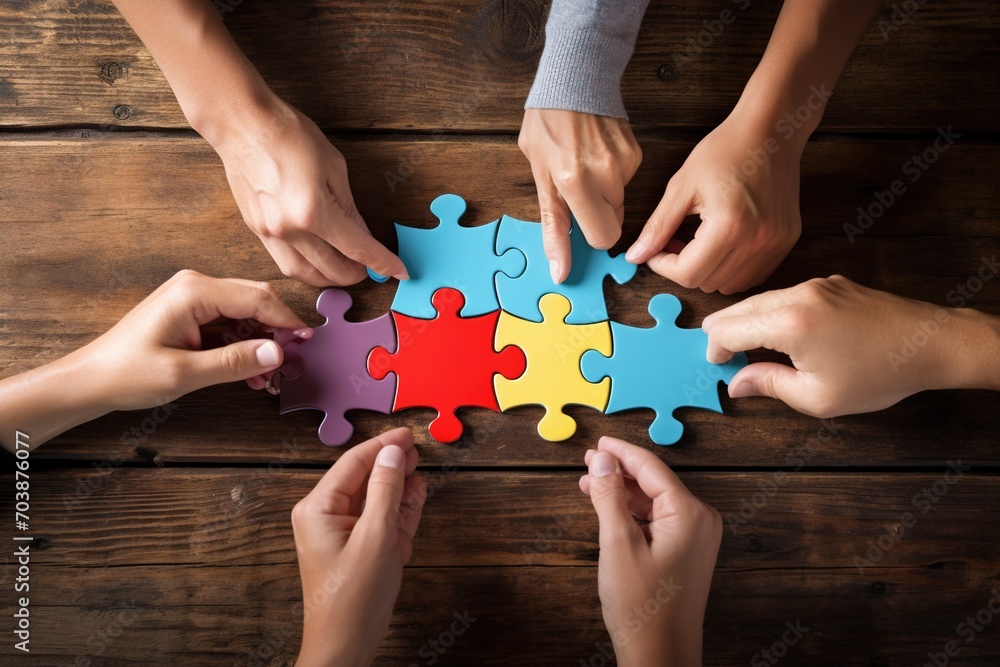 Diverse group of people putting puzzle pieces together Diverse group of people putting puzzle pieces together