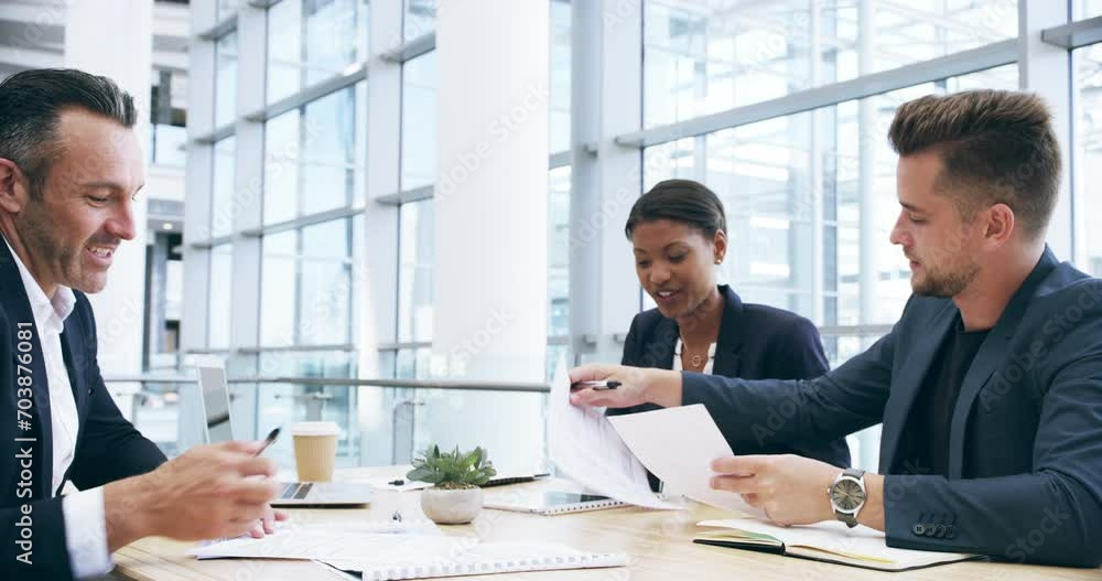 Happy business people, documents and meeting in planning for teamwork or collaboration at office. Group of employees smile with paperwork in brainstorming, strategy or corporate ideas at workplace