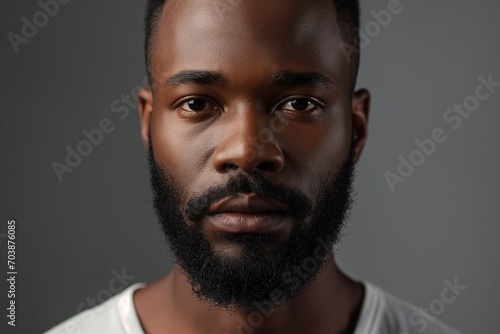 Close up portrait of young hadsome serious bearded African American man on the grey background photo