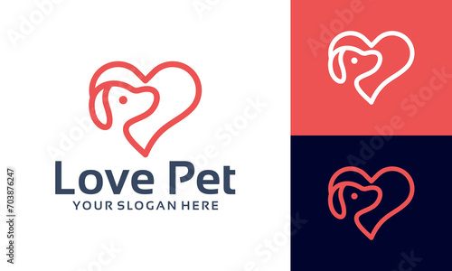 pet love logo design with heart and dog head concept