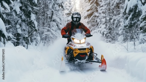 Athlete on snowmobile moving in winter forest in snow mountains.