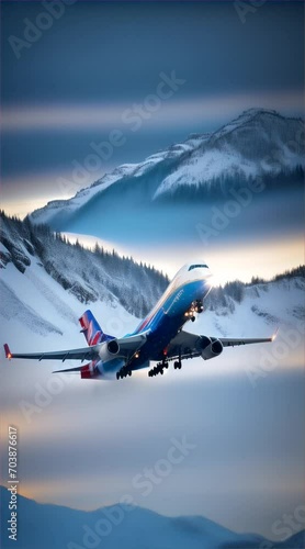 an airplane during landing with a contemporary photography style. photo