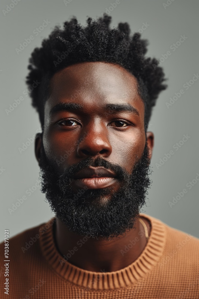 Close up portrait of young hadsome serious bearded African American man on the grey background Close up portrait of young hadsome serious bearded African American man on the grey background