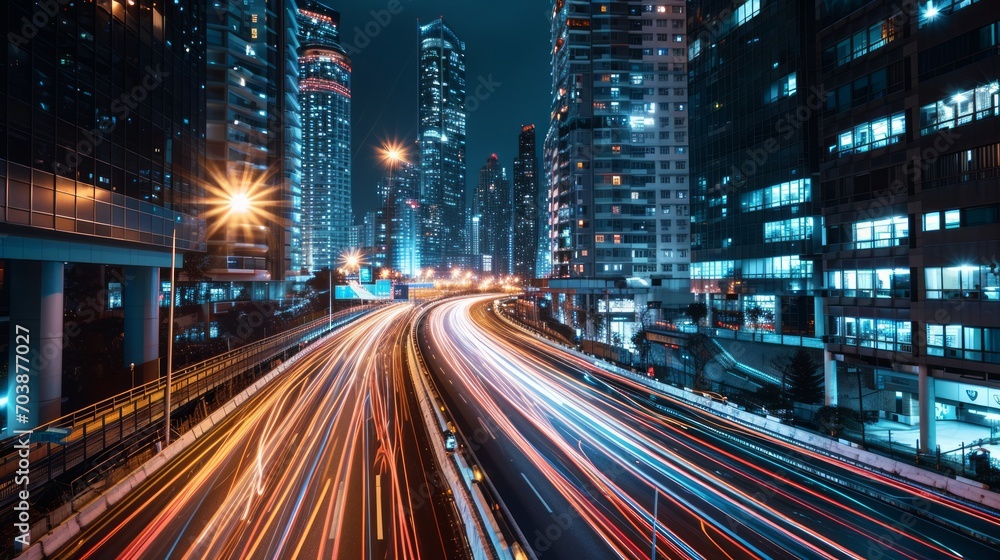 Vibrant Long Exposure of Urban Traffic at Night in Modern City