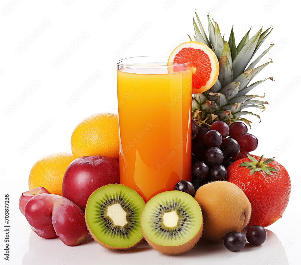 A vibrant display of fresh fruits including kiwi, pineapple, grapes, and a glass of refreshing orange juice, perfect for healthy living content. A vibrant display of fresh fruits including kiwi, pineapple, grapes, and a glass of refreshing orange juice, perfect for healthy living content.