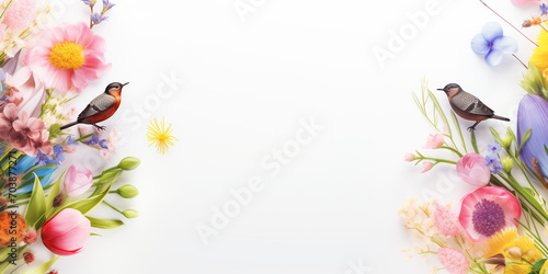 Easter eggs in a nest  Beautiful Easter banner with spring flowers and colorful quail eggs over white background. Springtime and Easter holiday concept with copy space. copy space on background  Ai
