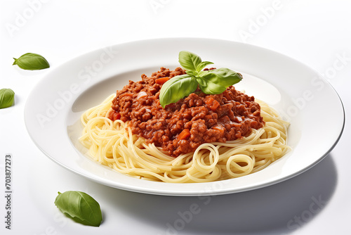 A delicious serving of classic spaghetti bolognese, garnished with fresh basil leaves, presented on a white plate against a clean, white background. 