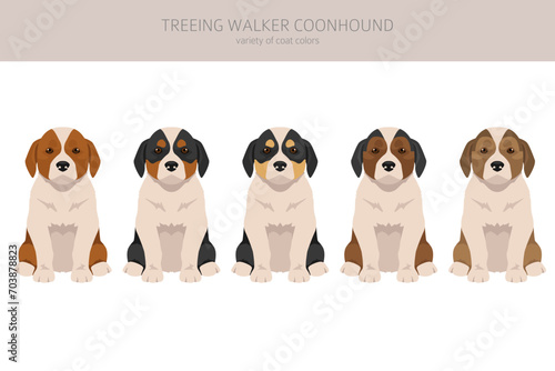 Treeing Walker coonhound puppies clipart. Different poses, coat colors set