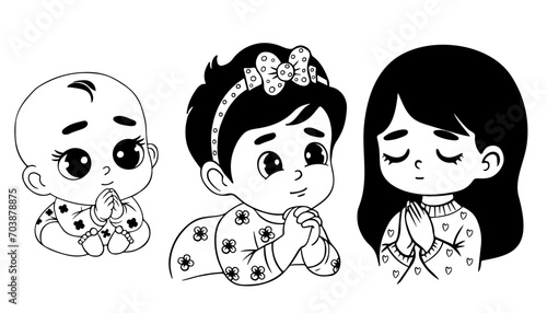 Cute praying girls. Little infant, baby and teenager girl with folded hands in prayer. Isolated hand drawn doodles. Religious believer female child character. Vector illustration. Kids collection