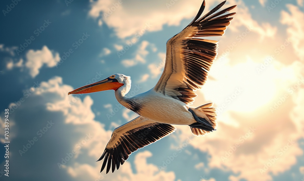 Graceful pelican in flight with outstretched wings against a radiant ...