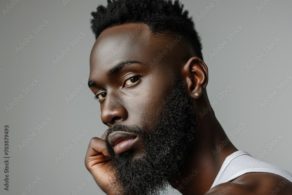 Profile portrait of young hadsome bearded African American man on grey background with copy space Profile portrait of young hadsome bearded African American man on grey background with copy space