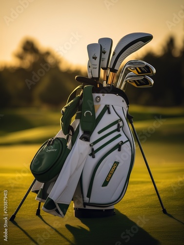 golf clubs on the field at sunset and golf course