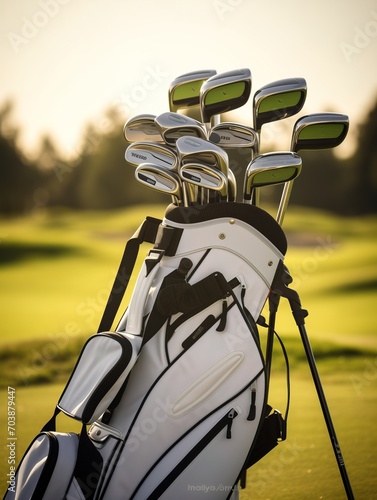 golf clubs on the field at sunset and golf course photo
