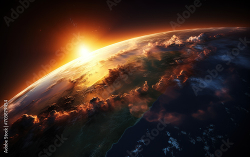 Stunning sunrise view from space showcasing Earth s horizon with atmospheric glow and sunburst  depicting the beauty and fragility of our planet