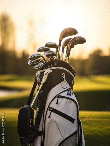 golf clubs on the field at sunset and golf course