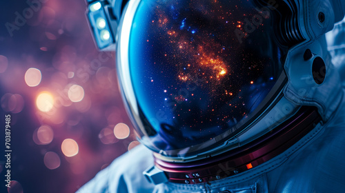 Close up portrait of an astronaut. Astronaut in space suit with nebula galaxy reflection in helmet glass. Exploration of the universe and deep space photo