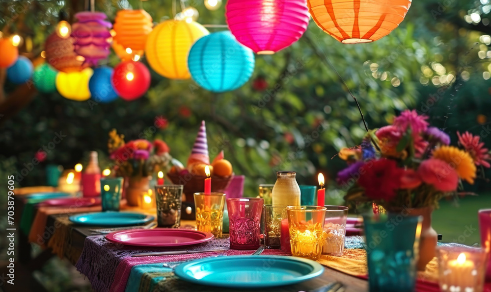 Vibrant outdoor party setting with colorful decorations, paper lanterns, party hats, and a festive table set for a joyful celebration in a lush garden