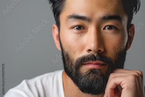 Portrait of young hadsome serious bearded Japanese man on the grey background with space for text photo