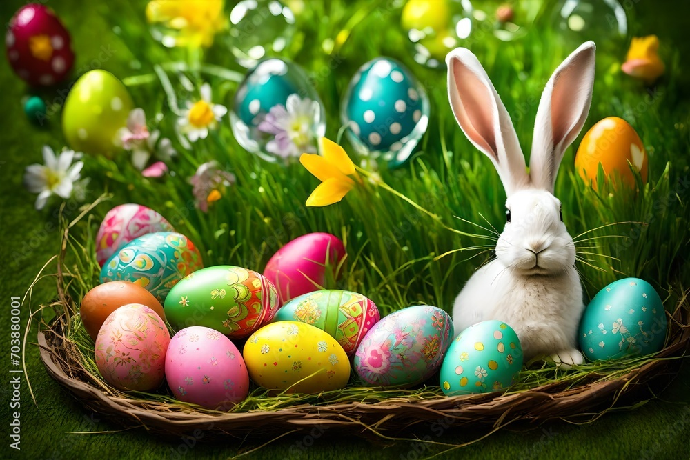 A vibrant image showcasing colorful Easter eggs nestled on lush green grass, accompanied by a decorative rabbit, 
