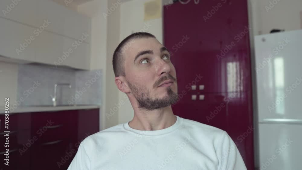 Portrait of a Handsome Man is Looking to the Sides. Man with Business Facial Expression. The Man in the Apartment Portrait of a Handsome Man is Looking to the Sides. Man with Business Facial Expression. The Man in the Apartment