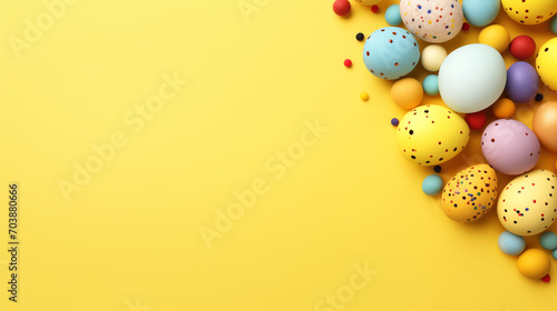 Easter eggs on a yellow background  Easter eggs in a basket  colorful easter eggs on yellow background. copy space on background   Ai generated image