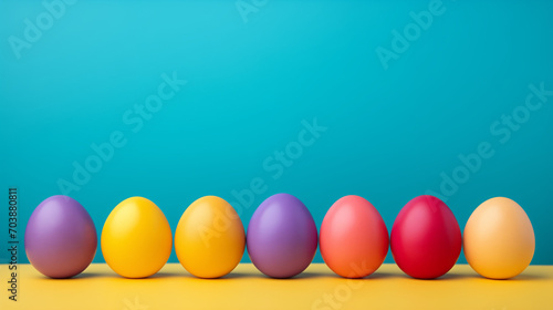 Easter basket with easter eggs and bunny, Colorful easter eggs in basket on blue background. copy space on background , Ai generated image