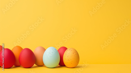 Easter eggs on a yellow background, Easter eggs in a basket, colorful easter eggs on yellow background. copy space on background , Ai generated image