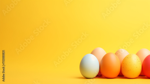 Easter eggs on a yellow background, Easter eggs in a basket, colorful easter eggs on yellow background. copy space on background , Ai generated image