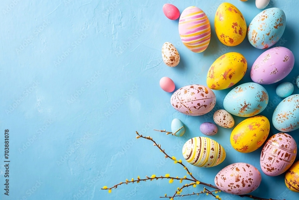 Colorful Easter eggs and pussy willow branches on blue background, top view. Copy space