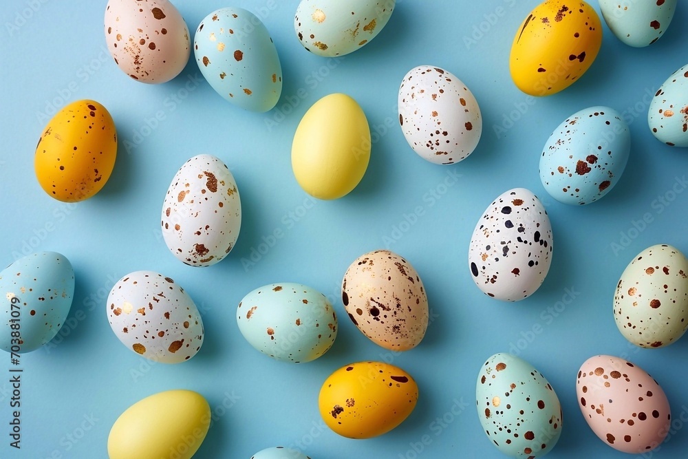 Colorful easter eggs on pastel blue background. Top view.